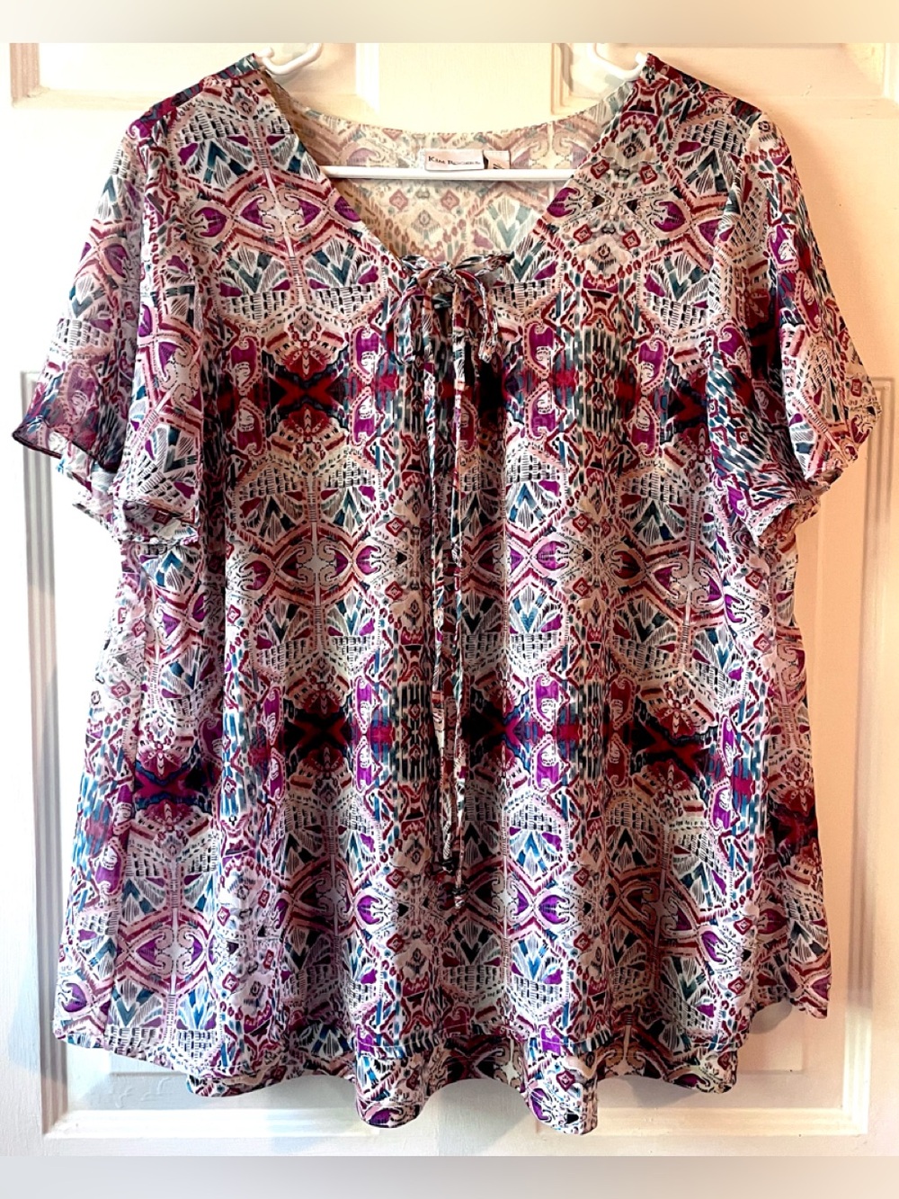Kim Rogers Purple Teal Peach Cream Boho Print Tie Neck Two Layered Blouse Large